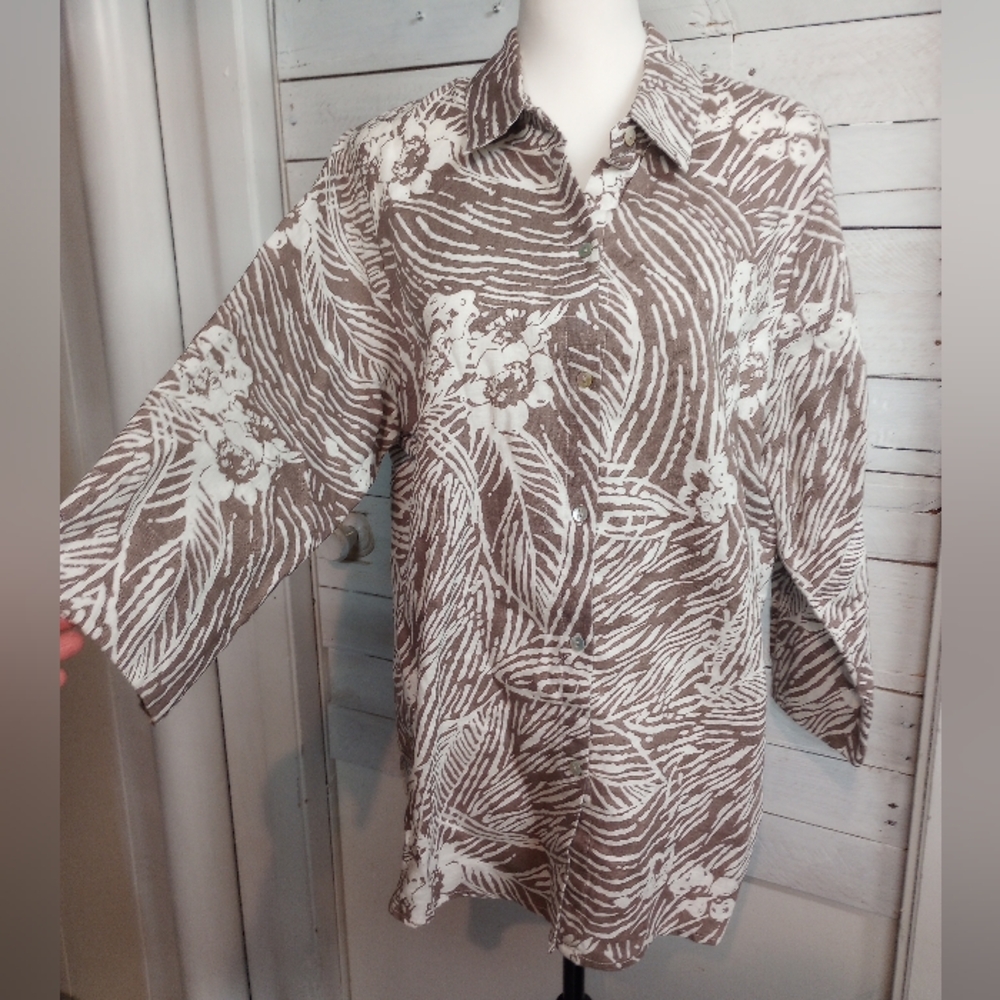 Peck & Peck Shirt Womens XL Linen Floral Button Down Beachy Coastal 3/4 Sleeves